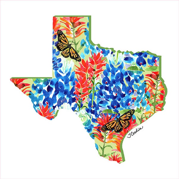 Texas State Cotton Fabric Quilt Block, Butterflies, Bluebonnets and Indian Paintbrush,  Wildflowers, 8.4" x 8.4", Small Fabric Sewing Panel