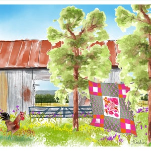 Barn & Rooster Cotton Fabric Panel: Farm Style Quilt Block (10.5" x 8.5")