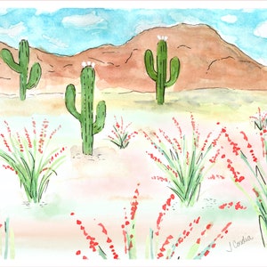 Desert Saguaro Cactus Cotton Fabric Panel, 8.5" x 10.5", Desert Scene, Fabric Art Print, , Small Fabric Panel for Sewing and Quilting