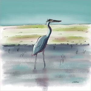 Blue Heron Fabric Art Print - South Padre Island - Coastal Birds- Fabric Art Print - 8.4&quot; x 8.4&quot; - Quilt Block, Fabric Square for Sewing
