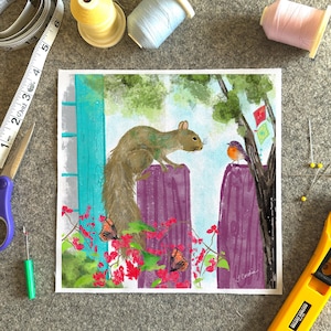 Squirrel and Robin Cotton Fabric Square, Backyard Art Print, 8.4" Quilt Block