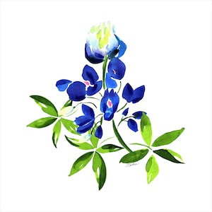 Bluebonnet Illustration Cotton Quilt Block, Lupine Wildflowers, Fabric Art Print - 8.4" x 8.4" - Fabric Square for Sewing and Quilting