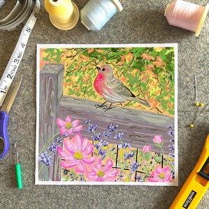 Bird Floral Cotton Fabric Square: Floral Art Print Quilt Block (8.4" x 8.4")