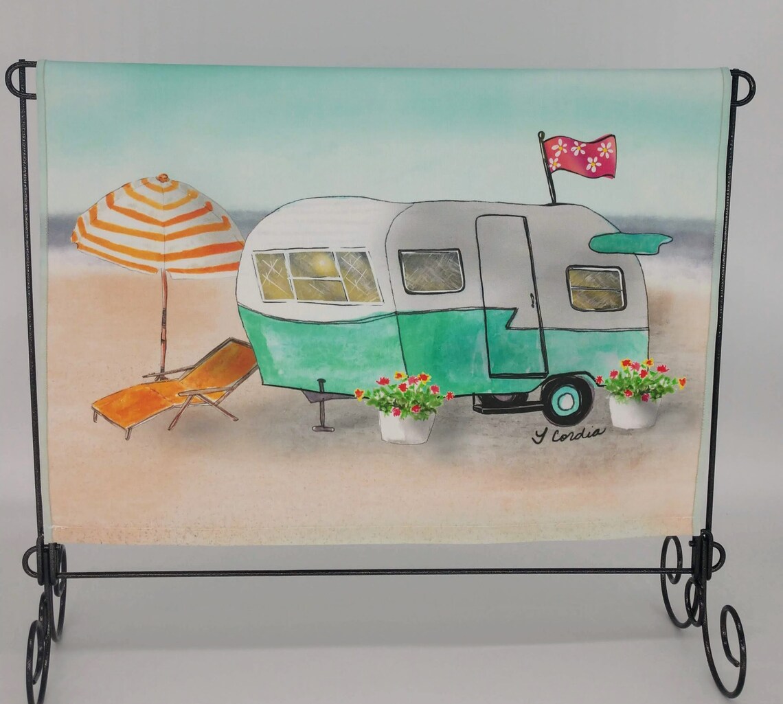 Camping Theme Tea Towel Camper on the Beach Kitchen Towel Etsy