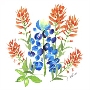 Bluebonnet and Indian Paintbrush Fabric Art Print, Quilt Block, Lupine, Wildflowers, 8.4" x 8.4", Small Fabric Panel for Sewing