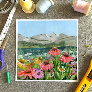 Mountain Quilt Block Fabric Art Print: Lake Scene Flower Meadow