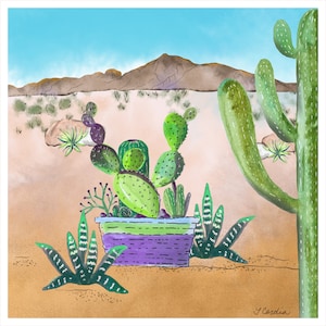 Arizona Desert Small Fabric Panel, 8.4&quot; x 8.4&quot;, Saguaro Cactus, Camelback Mountain, Phoenix, Prickly Pear, Fabric Art Print,