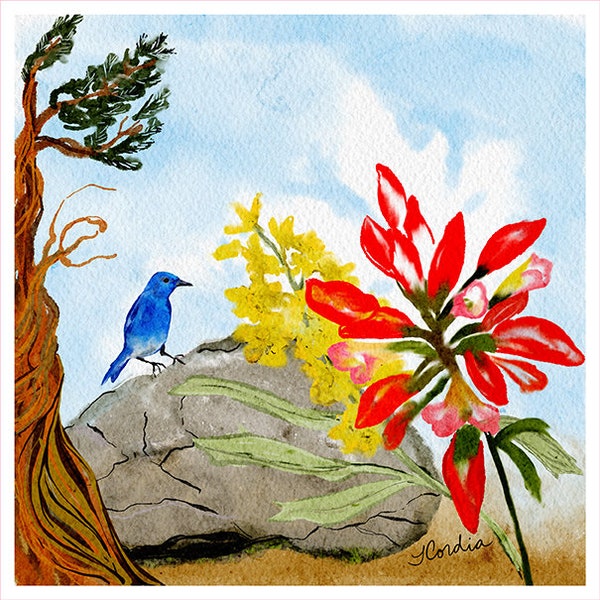 Mountain Bluebird and Indian Paintbrush Fabric Art Print, Quilt Block, Wildflowers, 8.4" x 8.4", Small Fabric Panel for Sewing