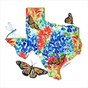 State of Texas Fabric Art Print with Wildflowers, Butterflies and Dragonfly, Bluebonnets and Indian Paintbrush, 8.4" x 8.4" Fabric Square