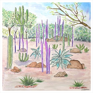 Desert Botanical Small Fabric Panel, Cacti, Succulents, Phoenix, 8.4&quot; x 8.4&quot;, Saguaro Cactus,  Prickly Pear, Cotton Panel for Sewing