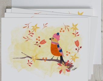 Cute Fall Note Cards, Set of 4 Cards with Envelopes, Winter Bird, Fall Greeting Cards, Blank Note Cards, 4.25" x 5.5"
