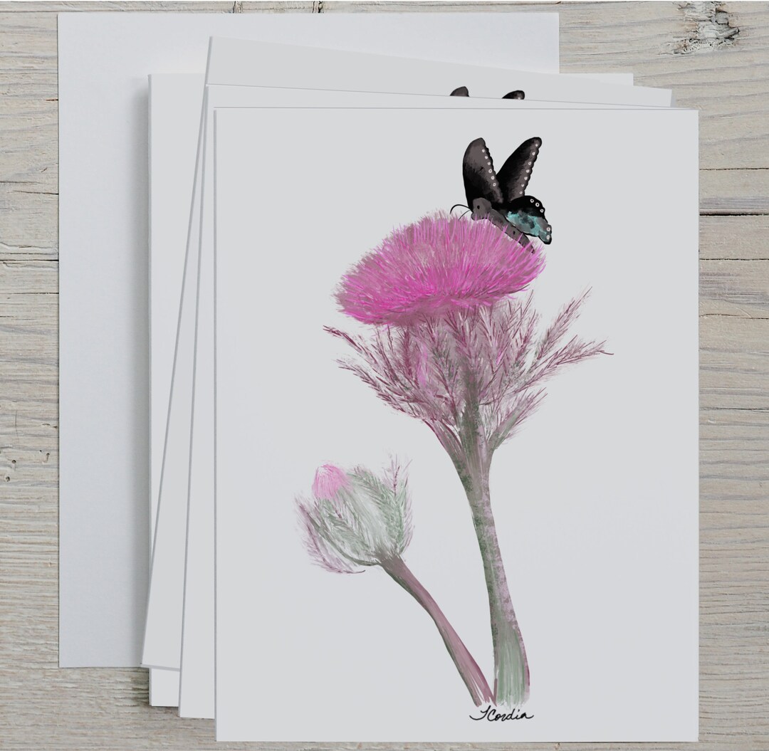 Thistle and Butterfly Note Card Set: Floral Stationery (4.25" X 5.5 ...