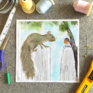 Squirrel Robin Fabric Quilt Block: Woodland Critter Sewing Panel (8.4"x8.4")