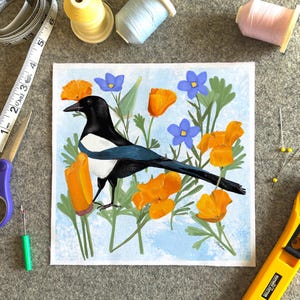 Magpie Bird Illustration Quilt Block:  Orange Poppies and Bird Cotton Fabric Square (8.4" x 8.4")
