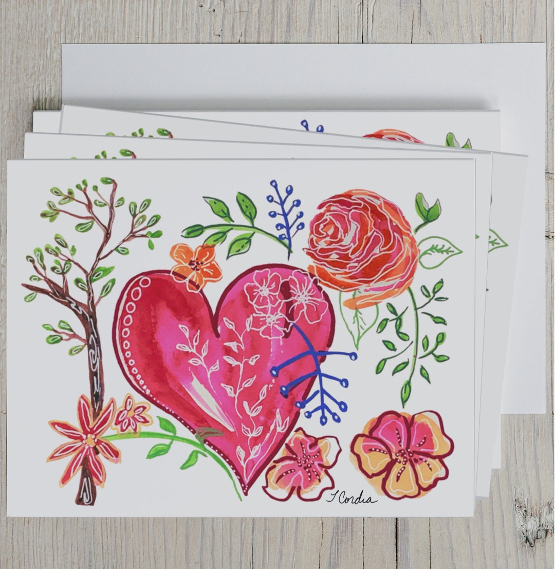 Watercolor Heart Note Cards, Floral Heart Note Card Set of 4