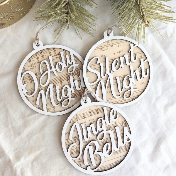 Christmas Sheet Music Ornaments | Jingles Wooden Ornaments | Holiday Carols | O Holy Night Silent Night Jingle Bells | Vintage Gift