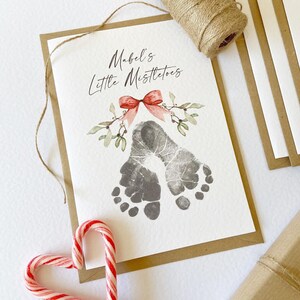 Pack of Personalised Little Mistletoes Footprint Christmas Cards, Footprint Kit, Baby, Keepsake, First Christmas, Baby's 1st Christmas, Bow