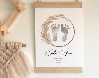 Boho Pampas Grass Baby Footprint Kit - Personalised, New Baby Keepsake Gift Print, Baby Shower