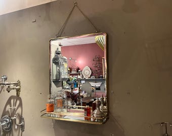 Vintage Style Brass Mirror with Folding Shelf & Hanging Chain
