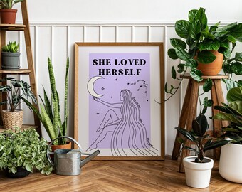 Self-Love Woman & Moon Illustrative Print – Boho Celestial Wall Art (Digital Download)