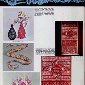 May include: A collection of macrame projects, including a vase, a belt, a window hanging, and a table runner. The projects are made with different colors of cord and beads.