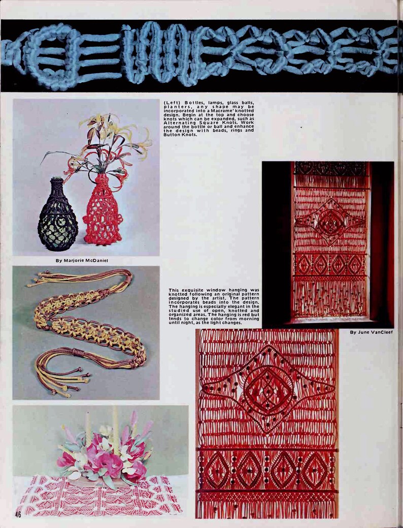May include: A collection of macrame projects, including a vase, a belt, a window hanging, and a table runner. The projects are made with different colors of cord and beads.
