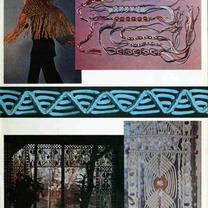 May include: A book featuring macrame projects, including a woman wearing a macrame shawl, a close-up of macrame cord, and a macrame wall hanging.