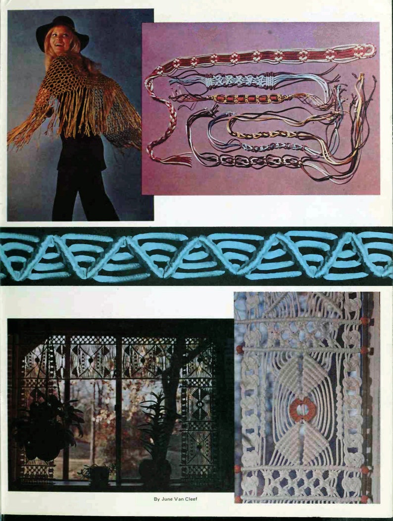 May include: A book featuring macrame projects, including a woman wearing a macrame shawl, a close-up of macrame cord, and a macrame wall hanging.