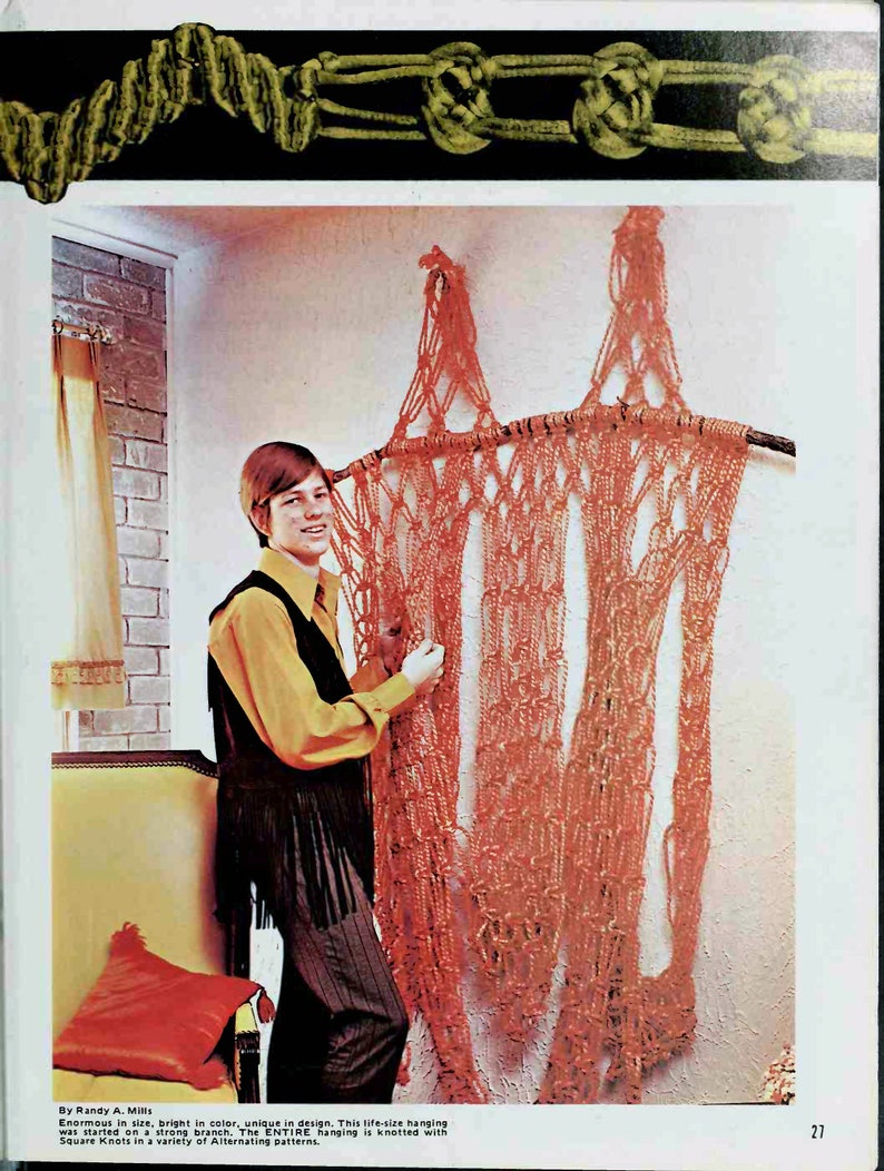 May include: A large macrame wall hanging made with orange cord and a branch. The macrame is knotted with square knots in a variety of alternating patterns.