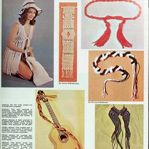 May include: A collection of macrame projects, including a wall hanging, a belt, a necklace, a guitar strap, and a vest. The projects are made with different colors of cord and beads.