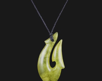 Hand-carved New Zealand Maori Toki Style Fishhook Pendant with Adjustable Necklace  Exquisite Green Flower Jade Statement Piece Any Occasion