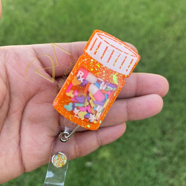 FREE Shipping | Orange HAPPY PILLS Shaker Pill Bottle |Pharmacy Badge Reel | Pharmacy Tech | Pharmacist Badge Reel | Nurse Badge | Confetti