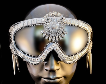 Playa Goggles- Silver Extravagance, Festival Goggles, Burner Goggles, Rhinestone Goggles,  Rhinestone Sunglasses