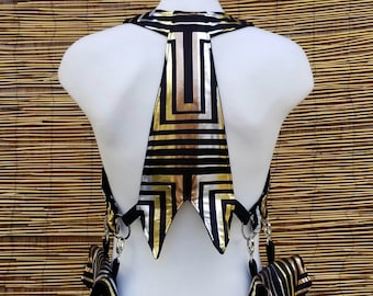 Men's Metallic Geometric Print Utility Shoulder Holster w/ Detachable Pouches, Adjustable Size, Custom Made to Order