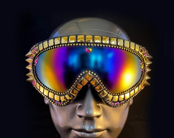 Gafas de playa, bola de discoteca de oro brillante, gafas de pedrería, gafas de festival, gafas de brillo, gafas de quemador. Moda festiva