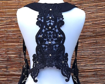 Black Lace Denim Shoulder Holster with Detachable Pouches, Adjustable