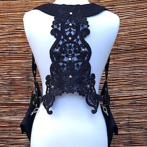Women&#39;s Black Lace & Denim Utility Shoulder Holster,  w/ Detachable Pouches, Adjustable sz. Custom Made to Order