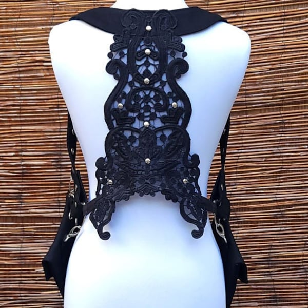 Women's Black Lace & Denim Utility Shoulder Holster,  w/ Detachable Pouches, Adjustable sz. Custom Made to Order