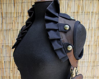 Steampunk Holster| Women's Brown and Black Ruffled Shoulder Holster | Steampunk Vest | Steampunk Costume | Women's Steampunk Vest |