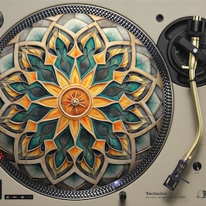 Könnte beinhalten: Ein Vintage-Plattenspieler mit einer goldfarbenen Nadel und einem dekorativen Teller mit einem farbenfrohen Mandala-Design. Der Plattenspieler ist mit "Technics Direct Drive Turntable System SL-1200MK7" beschriftet.