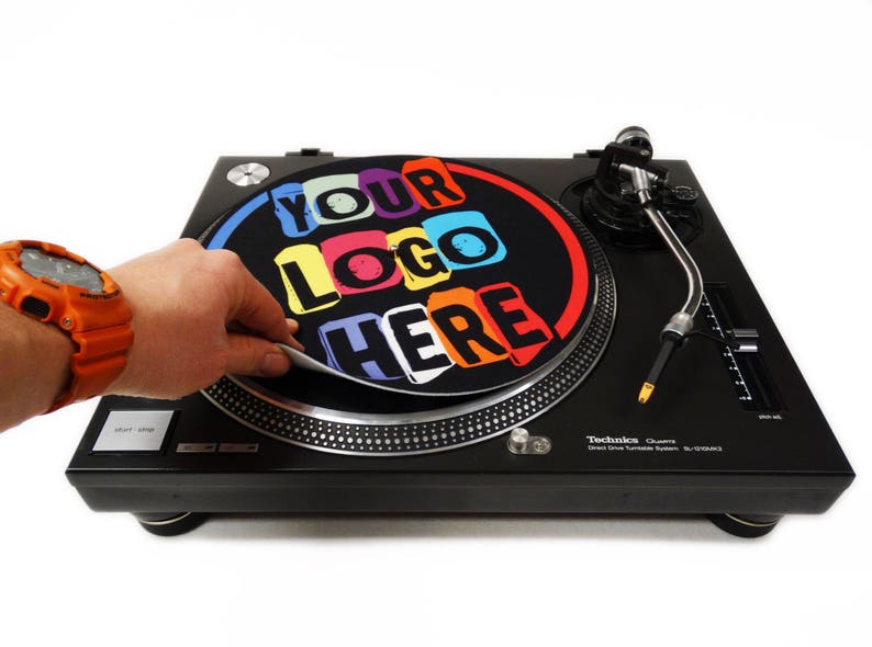 May include: A black turntable with a colorful slipmat that says "Your Logo Here".