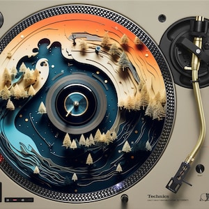 May include: A beige Technics SL-1200 turntable with a custom slipmat featuring a layered design of a mountain landscape with trees, a blue river, and an orange sky. The tone arm is gold.