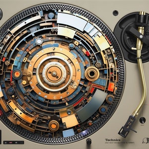 Puede incluir: Vista superior de un tocadiscos Technics SL-1200 con un diseño detallado del plato en tonos dorados, azules y cobrizos. El brazo fonocaptor es dorado y la base de color beige claro. El texto "Technics" es visible. Un equipo de audio clásico.