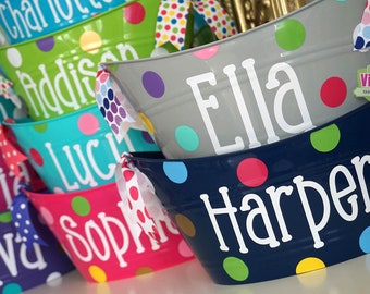 Personalized oval tub for Easter baskets, organization, or perfect for gift baskets. Made to order and dressed in polka dots and ribbon