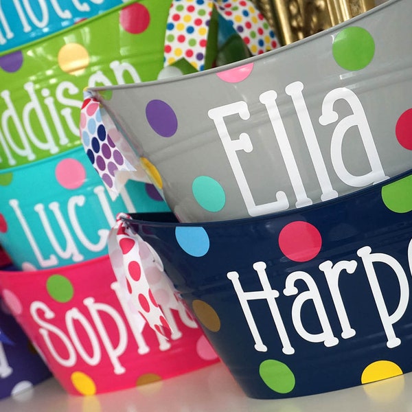 Personalized oval tub for Easter baskets, organization, or perfect for gift baskets. Made to order and dressed in polka dots and ribbon