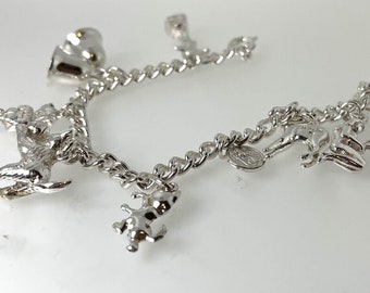 Vintage Silver Charm Curb Link Bracelet 31.5g 6 3/4" Bolt Ring Clasp 9 Charms