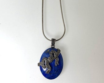 Vintage 1940s Marcasite Lapis Lazuli Ribbon Bow Pendant Necklace Snake Chain