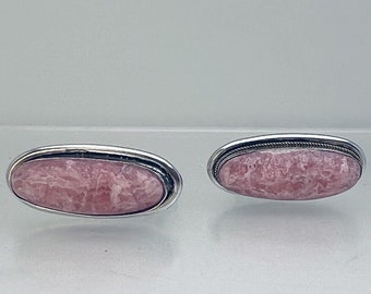 Vintage 800 Silver Rose Quartz Oval Shaped Bar Cufflinks Pink 27.3 x11.5mm 13.8g