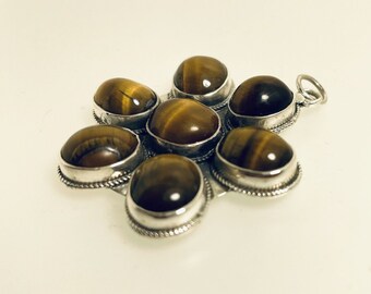 Vintage Silver Tigers Eye Large Statement Flower Pendant 1970s 46.3mm 23.7g