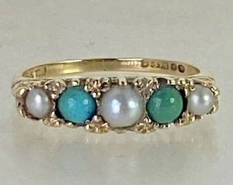 1964 Vintage 9 Carat Yellow Gold Turquoise & Pearl Ring size M 2.9g 5 stones